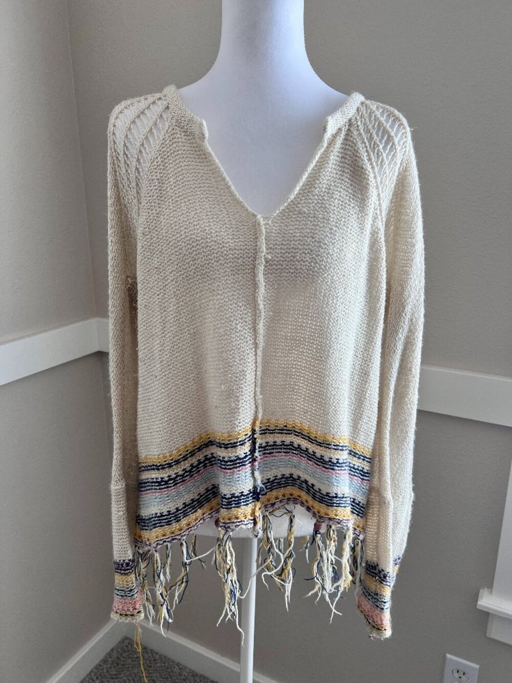 Vintage Havana Boho Fringe Open Knit Sweater Striped - Size Medium